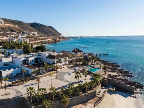 An aerial view of the Baja house on the rocky point, among palm trees and facing the Sea of Cortez