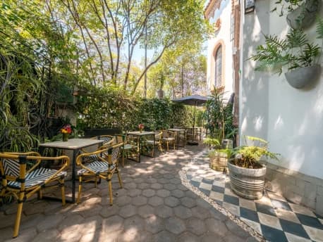 The garden terrace of the Polanco house, with bistro tables under the trees and the chequered floor of the hallway