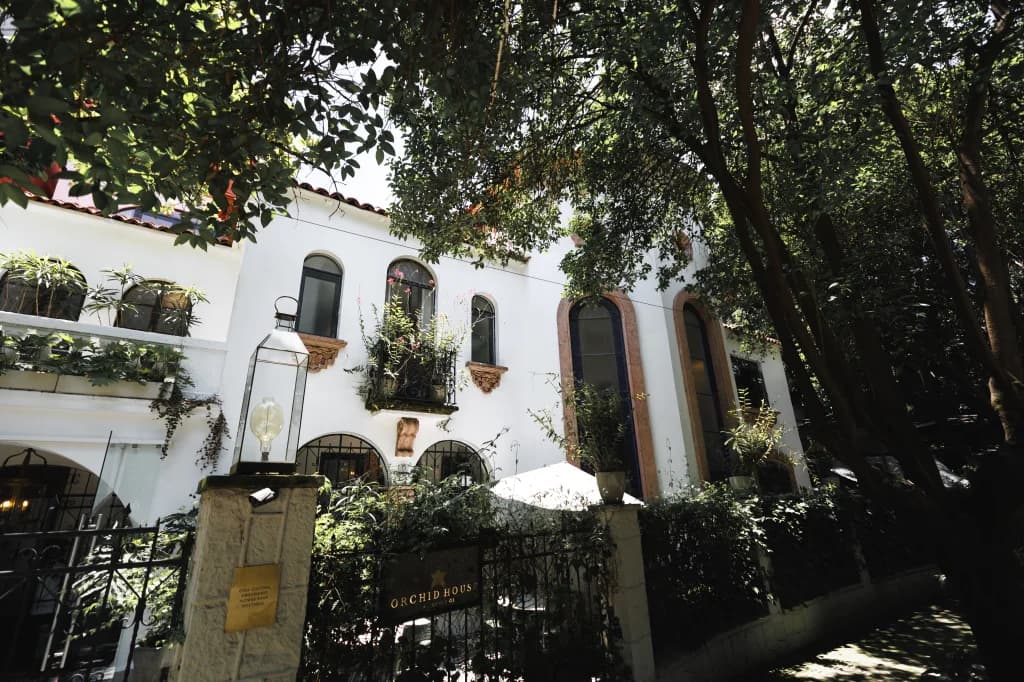 The mansion's facade at Campos Elíseos 76, seen from the street among the trees: an arched window with blue stained glass and a wrought-iron balcony with plants