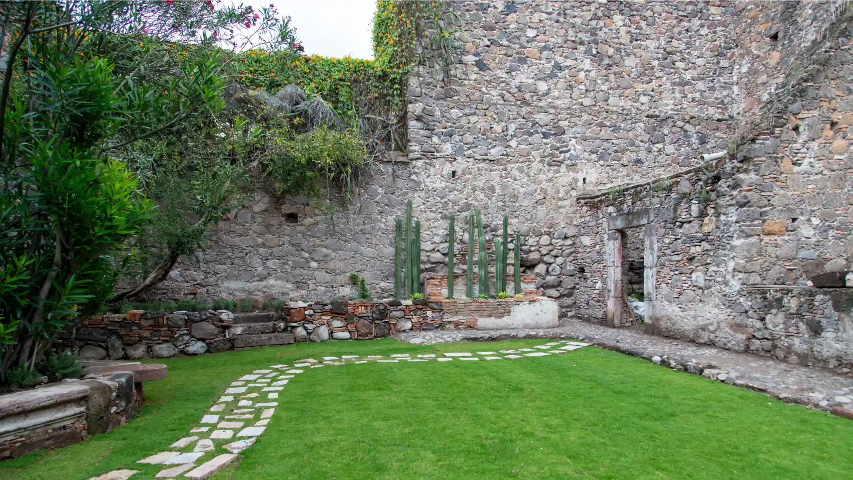 A lawn with a stone path leading to the house's original cantera-stone wall, columnar cacti and an old stone doorway