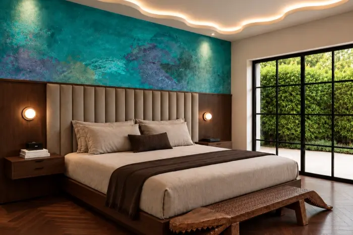 Habitación Orchid Heritage House: cama king con cabecera acolchada en tela arena, muro de tadelakt turquesa, techo ondulado iluminado y un ventanal hacia el jardín