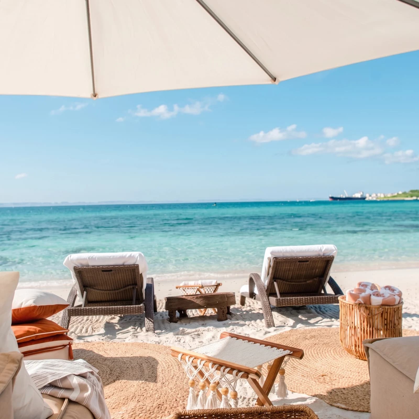 Two wicker loungers under a white parasol facing the turquoise water at El Caimancito, with a low carved wooden table, a jute rug on the sand and a basket of rolled towels