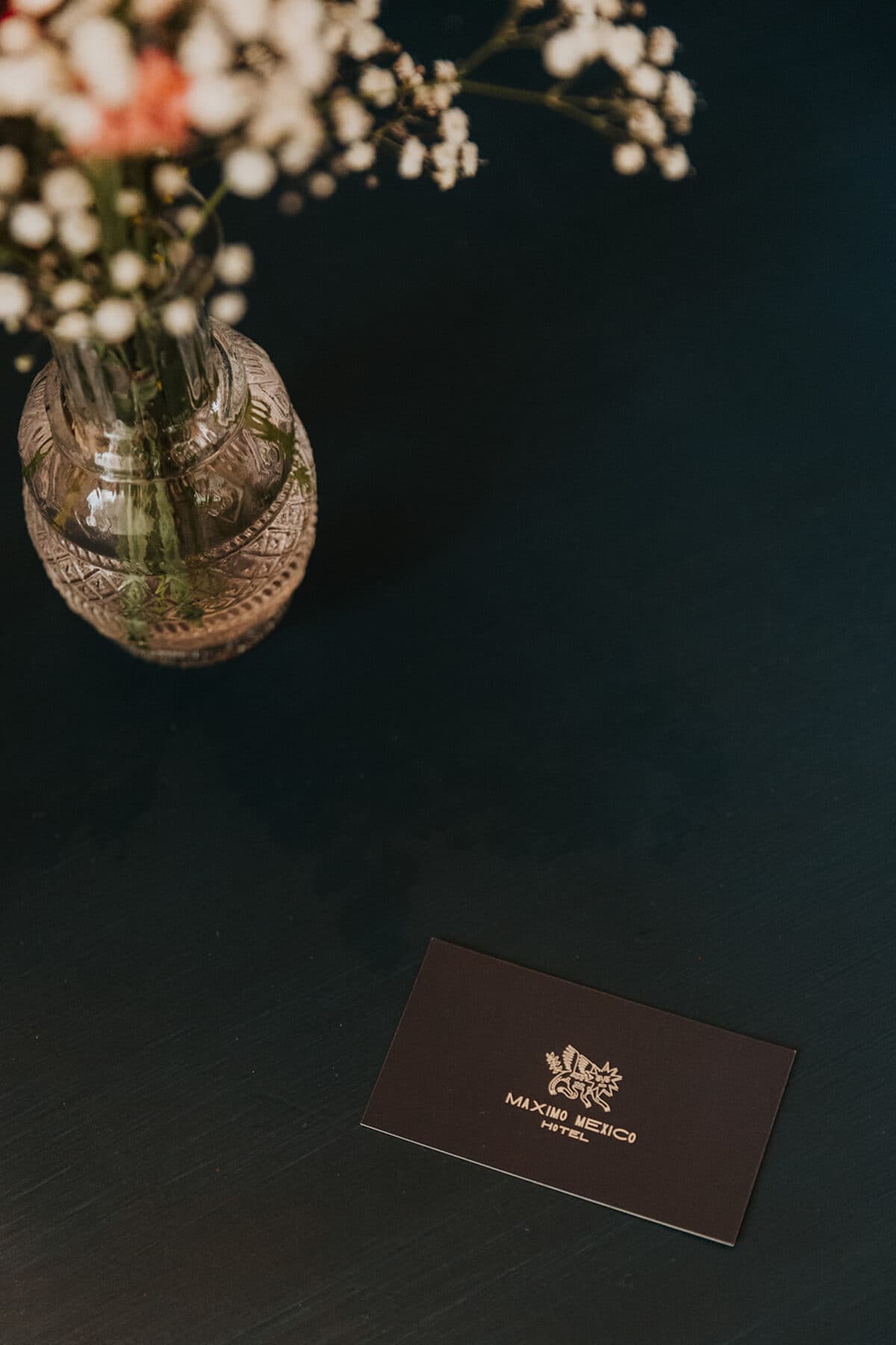 A crystal pendant lamp against a dark green wall, beside the hotel's folder