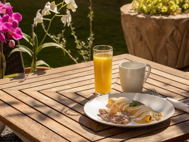 Breakfast served on a timber table in the garden: enchiladas in sauce, refried beans, orange juice and coffee, beside orchids