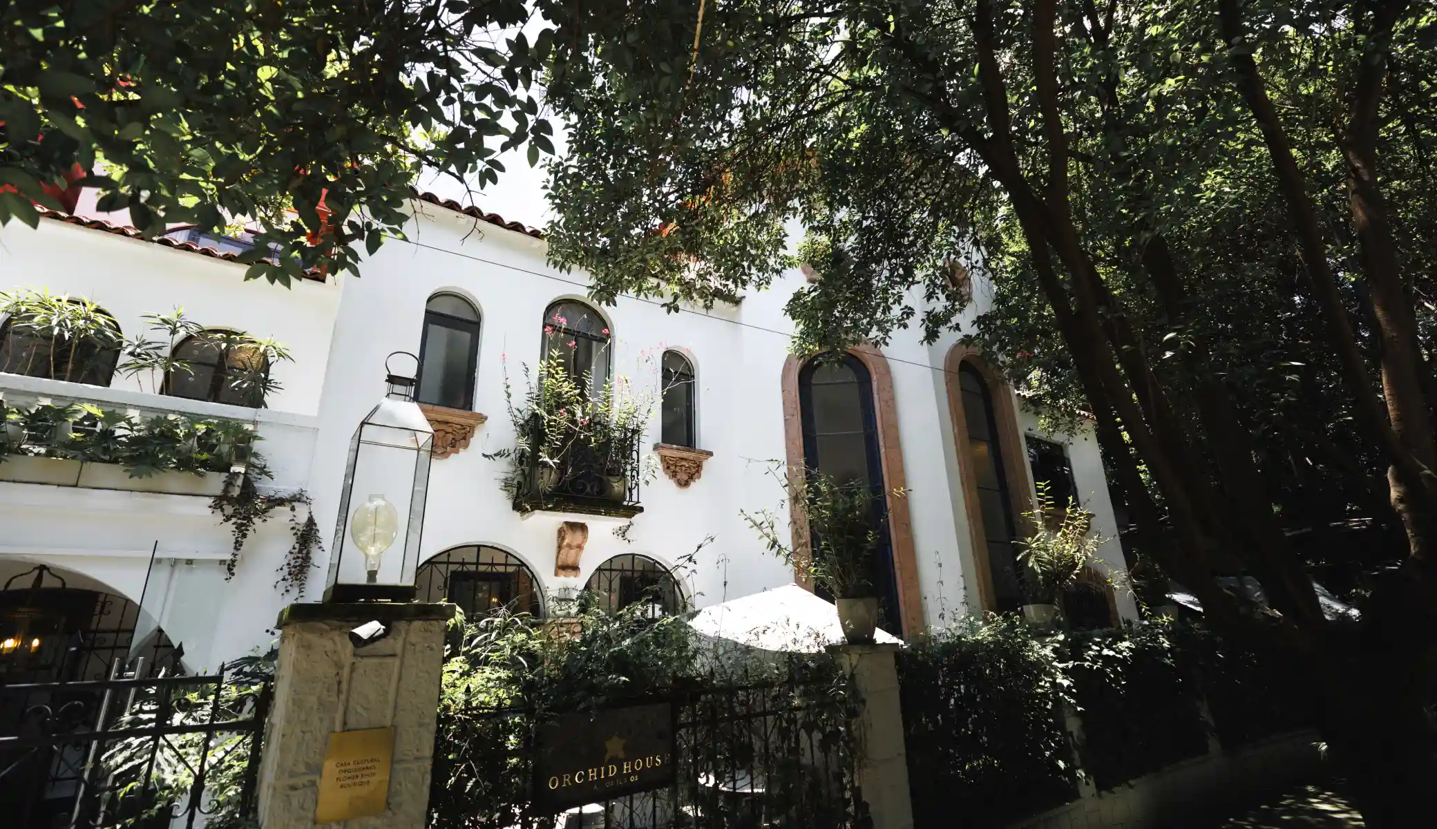 The house's white facade seen from the street, through the trees, with the entrance gate and the gold «Orchid House» sign on its black plaque